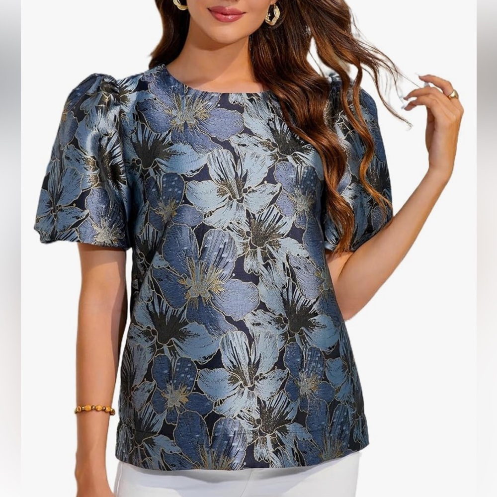 Floral Jacquard Crewneck Blouse | Puff Sleeve Elegant Work Top for Women